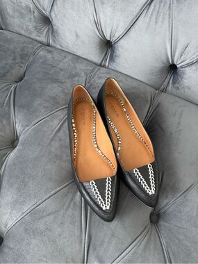 Coach Black Leather Pointed-Toe Flats with White Stitch Detail